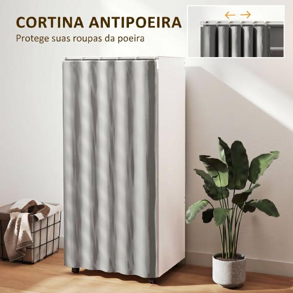 Roupeiro com Rodas, Cortina, Barra de Pendurar e 2 Compartimentos para Quarto 60x40x128 cm Branco