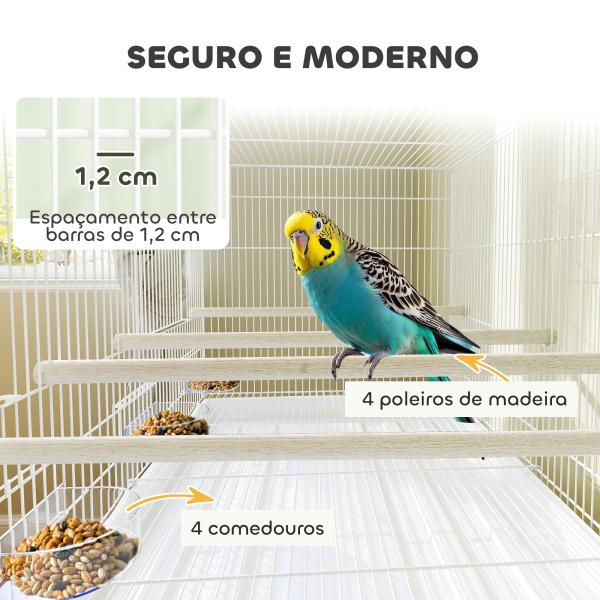 Gaiola para Pássaros com Divisória Rodas Gaiola para Aves com Comedouros Poleiros e Bandeja Removível 76x46x116 cm Branco