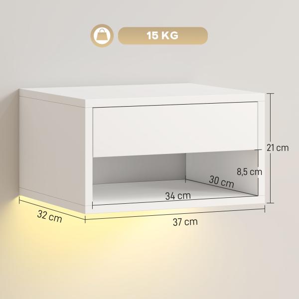 Conjunto de 2 Mesas de Cabeceira Flutuantes com Luzes LED RGB Controlo por APP e Prateleira Aberta 37x32x21 cm Branco