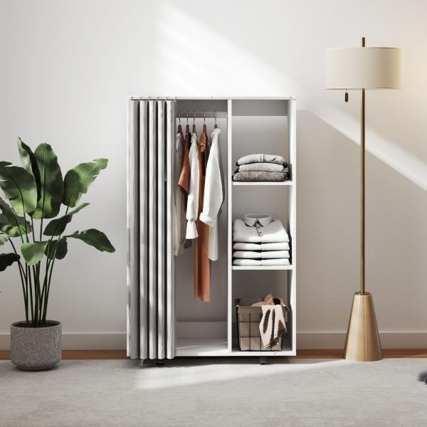 Roupeiro com Rodas, Cortina, Barra para Pendurar Roupa e 3 Prateleiras Abertas para Quarto, 80x40x128 cm, Branco