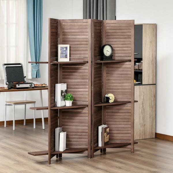 Biombo Dobrável de 4 Painéis de Madeira 162x170 cm Divisória de Ambiente com 3 Prateleiras Nogueira