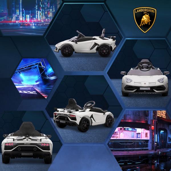 Carro Elétrico Lamborghini para Crianças 12V Velocidade Máxima 5km/h Controlo Remoto MP3 Luzes e Cinto de Segurança 107,5x63x42 cm Branco