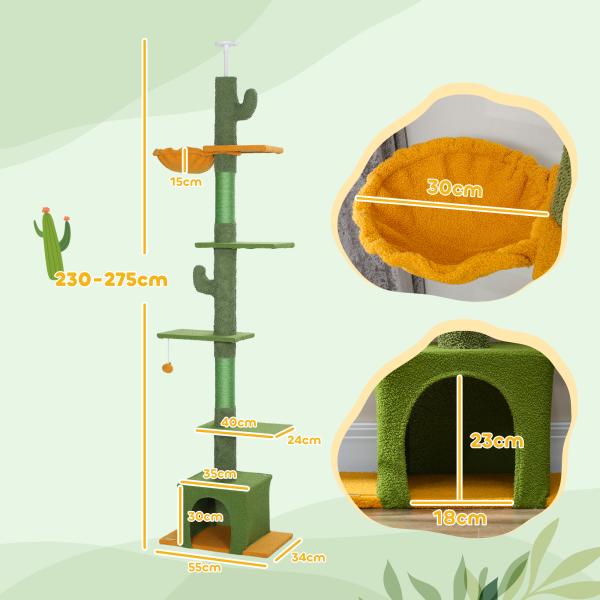 Arranhador para Gatos de Chão a Teto de 230 - 275 cm com Altura Ajustável Postes de Sisal e Bola de Brincar Verde
