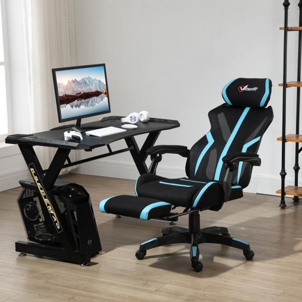 Cadeira de Gaming com Apoio para os Pés Retrátil Cadeira de Escritório Reclinável com Apoio para a Cabeça e Altura Ajustável 65x65x119 - 129cm Preto e Azul