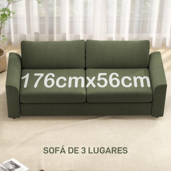 Sofá de 3 Lugares Sofá Sala de Estar 212x80x88 cm Estofado em Veludo Canelado com 2 Almofadas Desenho Moderno Verde