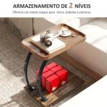 Mesa Auxiliar em Forma de C com Rodas para Sofá com Prateleiras Estrutura de Aço 52x34x60 cm Madeira e Preto