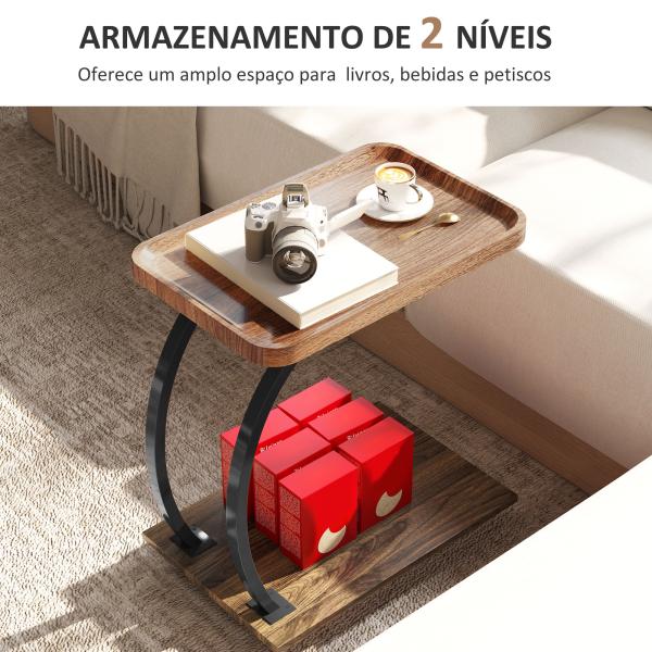 Mesa Auxiliar em Forma de C com Rodas para Sofá com Prateleiras Estrutura de Aço 52x34x60 cm Madeira e Preto
