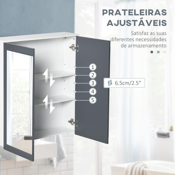 Armário de Casa de Banho com Espelho 2 Portas e Prateleiras Ajustáveis 69x17x75,5 cm Branco e Cinza