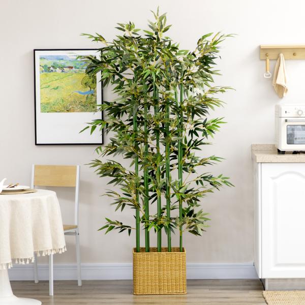 Planta Artificial em Vaso de Madeira de Pinho 180cm Bambu Artificial com 1640 Folhas Realistas 35x10x180 cm Verde