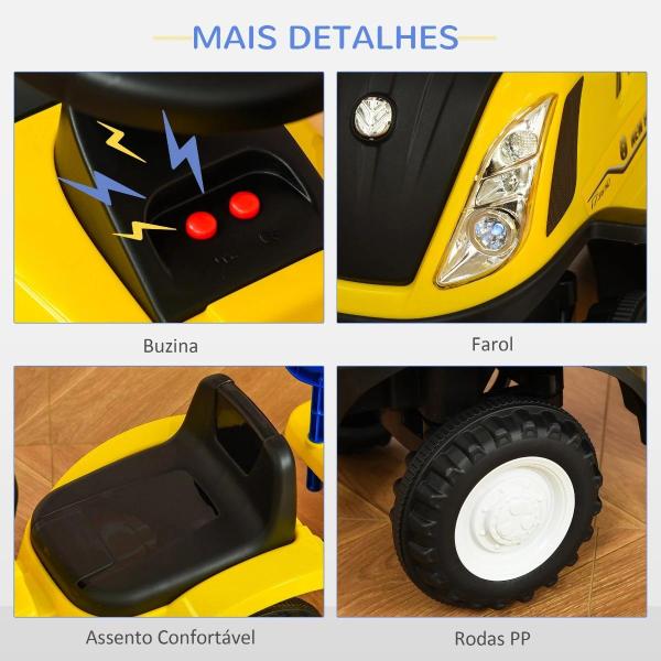 Trator para Crianças de 12 - 36 Meses com Reboque Removível Carro Andador com Buzina Farol Pá e Ancinho Carga 25kg 91x29x44cm Amarelo