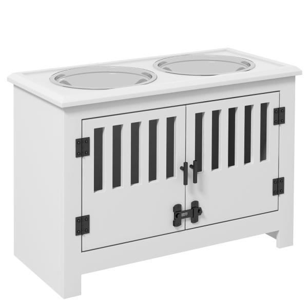 Comedouro Elevado para Cães com 2 Tigelas em Aço Inoxidável 2x2 L, Arrumação 37 L e 2 Portas com Trincos, Branco