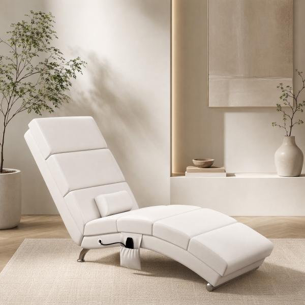 Poltrona Relax Reclinável com 8 Pontos de Massagem, Aquecimento Lombar, 5 Modos, Comando e Bolso Lateral, Branco Creme