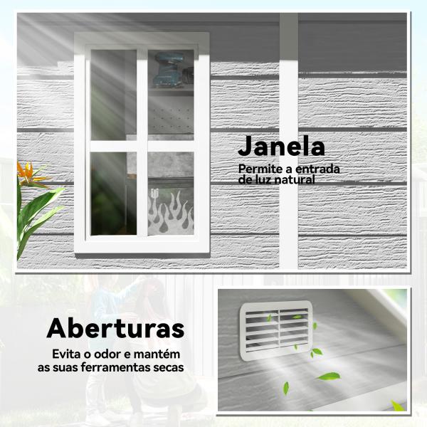 Abrigo de Jardim em Resina 182x151x219 cm com Piso Janela Ventilação Portas Duplas Cinzento
