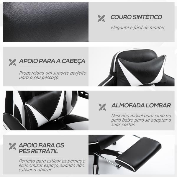 Cadeira de escritorio gaming ergonômica Altura ajustável Reclinável Encosto com apoio para pés 65x70x118,5 - 126,5 cm Branco e Preto