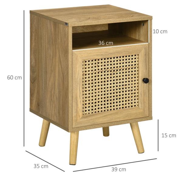 Conjunto de 2 Mesas de Cabeceira com Portas de Vime e Prateleira Aberta Mesa Auxiliar 39x35x60 cm Madeira