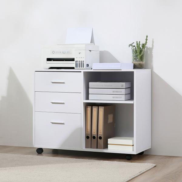 Armário de Escritório para Impressora Multifuncional com 3 Gavetas Prateleira Ajustável e Rodas 80x40x65cm Branco