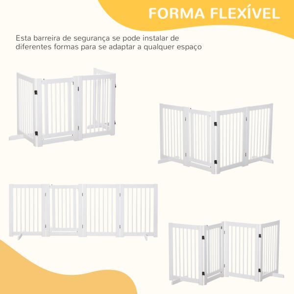 Barreira de Segurança para Cães em Madeira Dobrável para Escadas e Portas para Cães Pequenos e Médios de 4 Painéis 204x36x75 cm Branco