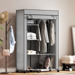 Roupeiro de Tecido Dobrável com 6 Prateleiras 1 Barra de Pendurar e Rodas para Dormitório Vestidor 103x43x162,5 cm Cinza