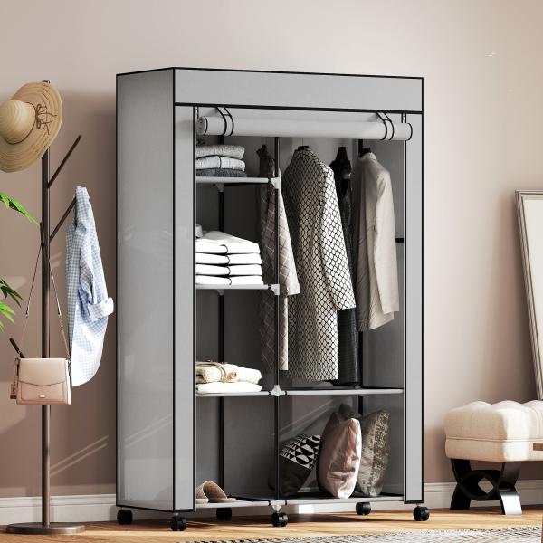 Roupeiro de Tecido Dobrável com 6 Prateleiras 1 Barra de Pendurar e Rodas para Dormitório Vestidor 103x43x162,5 cm Cinza