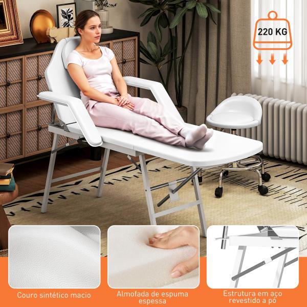 Marquesa de Massagem Dobrável Portátil de 3 Secções com Encosto Ajustável Apoio de Cabeça e Braços 182x82x68 cm Branco