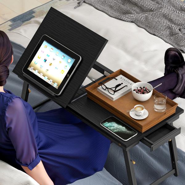 Mesa Reclinável para Cama e Sofá, Tabuleiro Dobrável com Gaveta Lateral para Computador Portátil e Livros, Cinco Alturas, Preto