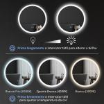 Espelho Casa de Banho Redondo com Luzes LED Ø60 cm Função Antiembaciamento 3 Luzes Função de Memória e Interruptor Tátil Prata