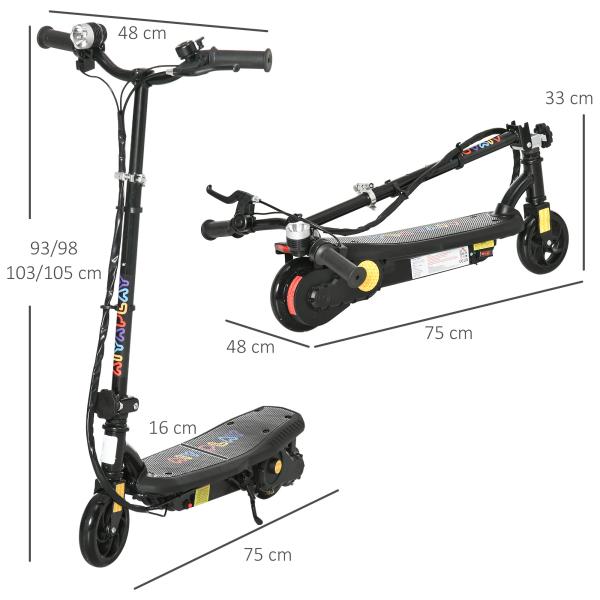 Trotinete Elétrica Dobrável com Velocidade Máx. 12 km/h Motor 120 W Autonomia Máxima 10 km e Farol LED 75x48x93 - 105 cm Preto