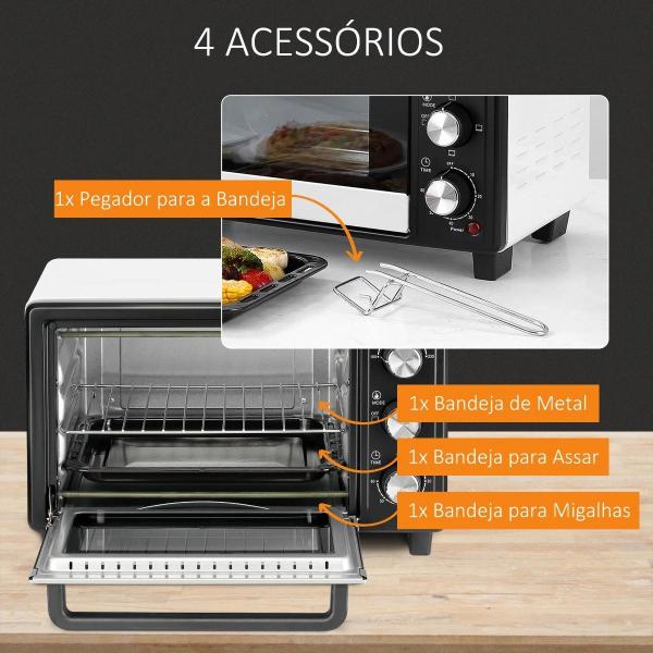 Mini Forno 16 L 1400 W com 3 Modos de Aquecimento Temperatura até 230°C Temporizador 60 Minutos Bandeja para Assar e Grade 44x32x28,1 cm Branco e Preto