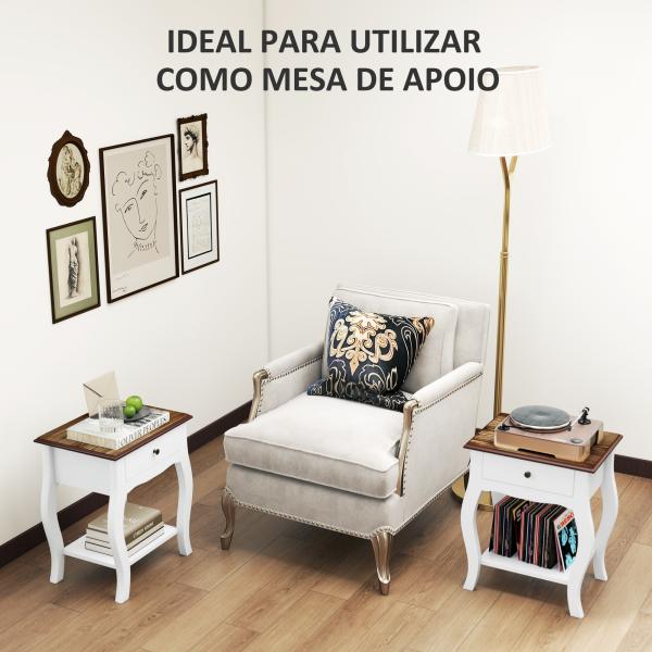 Conjunto de 2 Mesas de Cabeceira com Gaveta Estante Aberto e Bancada Efeito Carvalho Estilo Francês 45x35x55 cm Branco e Carvalho