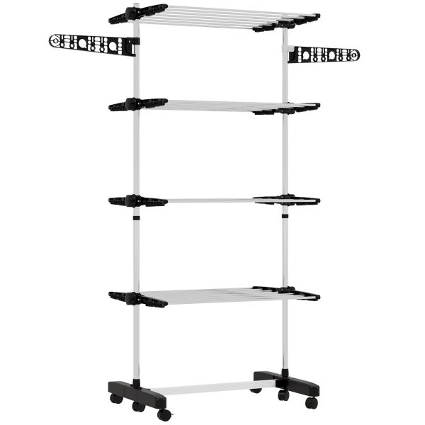 Estendal Vertical Dobrável de 4 Níveis com 6 Rodas 2 Laterais Dobráveis Prateleiras Ajustáveis 142x55x172cm Preto