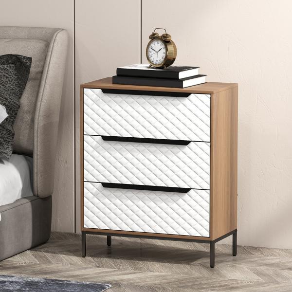 Cómoda com 3 Gavetas de Tecido Frentes com Padrão de Diamante Móvel de Arrumação 59,5x30x73,5 cm Madeira e Branco