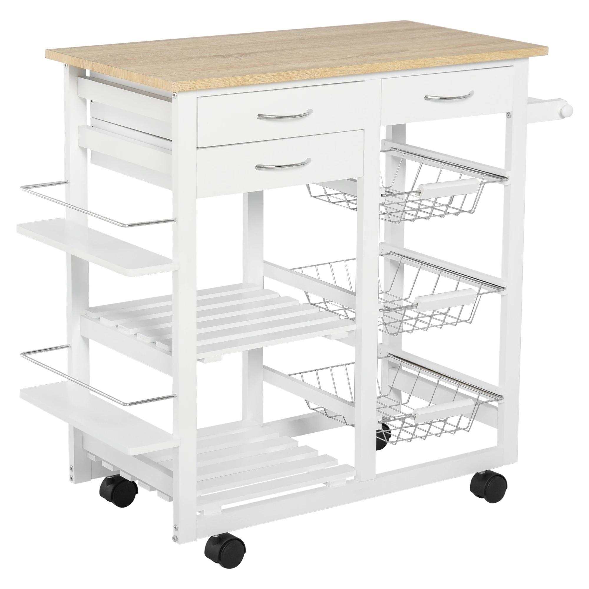 Carrinho de cozinha multifuncional com gavetas Cestas Prateleiras de especiarias Toalheiro Rodas 92x37x82 cm Branco