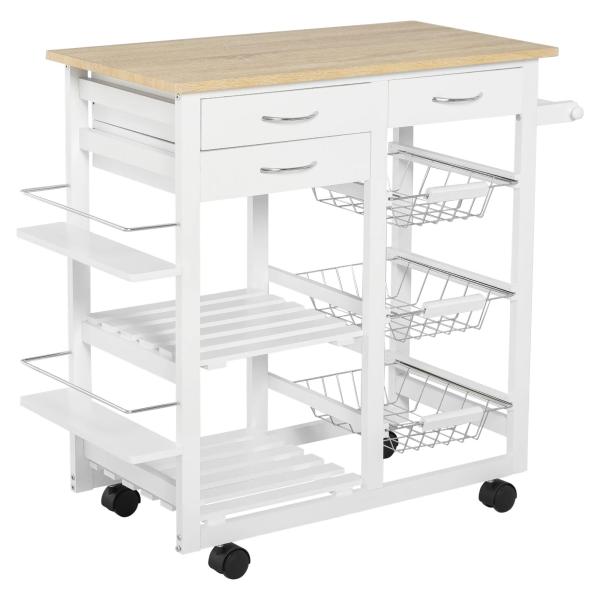 Carrinho de cozinha multifuncional com gavetas Cestas Prateleiras de especiarias Toalheiro Rodas 92x37x82 cm Branco