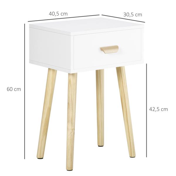 Conjunto de 2 Mesas de Cabeceira com Gaveta e Pés de Madeira Estilo Moderno 40,5x30,5x60cm Branco e Madeira