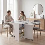 Mesa de Sala de Jantar Dobrável Mesa de Madeira com 2 Prateleiras de Armazenamento e Rodas para Cozinha 75x140x74 cm Branco