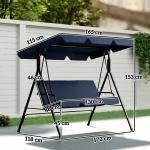 Baloiço de Jardim Exterior de 3 Lugares com Toldo Ajustável e Estrutura de Aço 172x118x153 cm Azul - Marinho