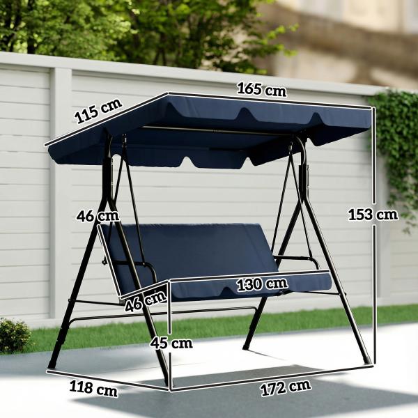 Baloiço de Jardim Exterior de 3 Lugares com Toldo Ajustável e Estrutura de Aço 172x118x153 cm Azul - Marinho