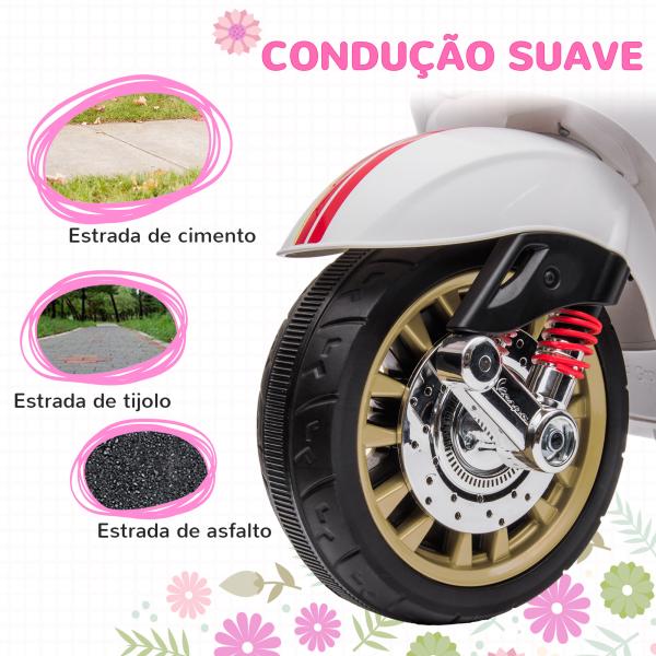 Moto Elétrica para Crianças de 3 - 6 Anos com Licença Vespa com USB MP3 Luz LED Rádio FM Velocidade 3 km/h Carga 35 kg Branco