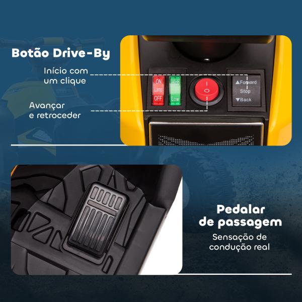 Quadriciclo Elétrico para Crianças de 3 - 5 Anos Veículo Eléctrico a Bateria 12V com 2 Motores 83x53x55,5 cm Amarelo