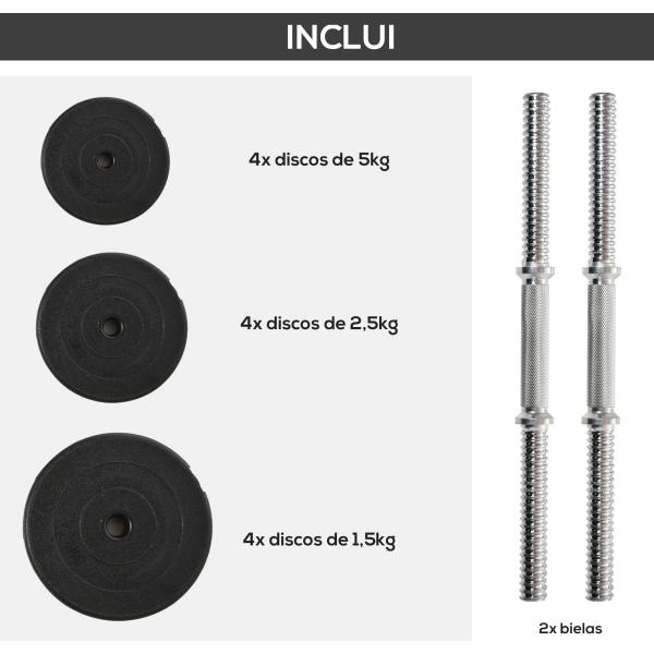 Conjunto de Halteres Pesos Fitness 40kg Ajustável Musculação com Barra de Aço e Discos para Ginásio Casa Preto e Prata
