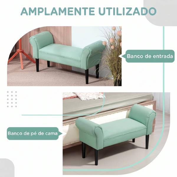 Banco de Pé de Cama Estofado em Linho Sintético com Pés de Madeira Braços e Assento Acolchoado, Verde Claro