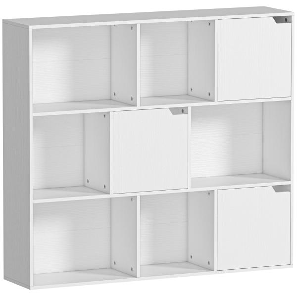 Estante para Livros de 3 Níveis com 9 Cubos, 3 Portas e 6 Compartimentos Abertos, 106x24x95 cm, Branco