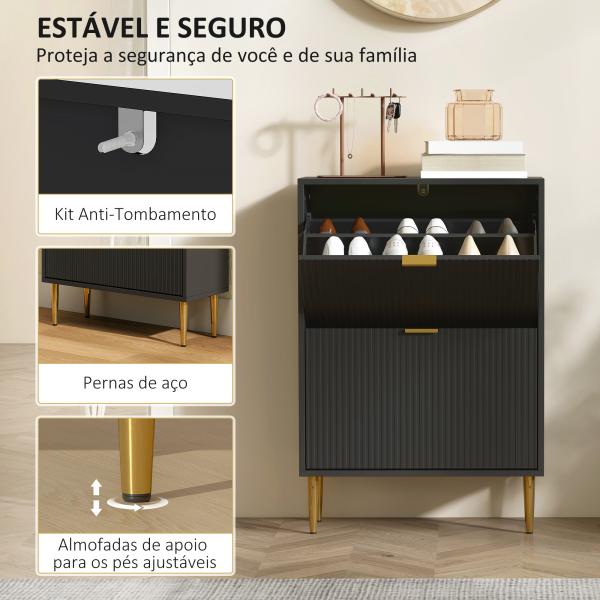 Sapateira Estreita com 2 Portas Caneladas e Prateleiras Ajustáveis para 12 Pares de Sapatos, 60x24x91,5 cm, Preto