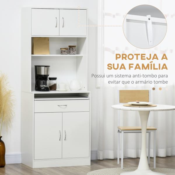 Armário de Cozinha com 4 Portas Bandeja Amovível Prateleira Ajustável Gaveta e Bancada para Micro - Ondas 70x40x180 cm Branco