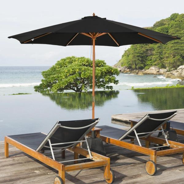 Chapéu de Sol de Jardim Ø300x250cm com Sistema de Polia Teto Ventilado e Mastro Desmontável de Madeira para Terraço Pátio Exterior Preto