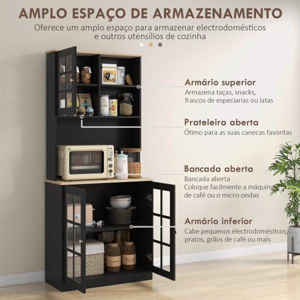 Armário de Cozinha com Prateleiras e Portas de Vidro Armário Alto de Cozinha para Pequenos Eletrodomésticos e Louças 80x37x183 cm Preto
