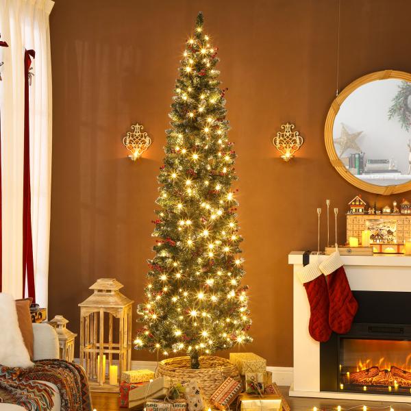 Árvore de Natal Slim 230 cm com Luzes LED 8 Modos de Iluminação 761 Ramos com Purpurina Prateada Pinhas e Bagas Verde
