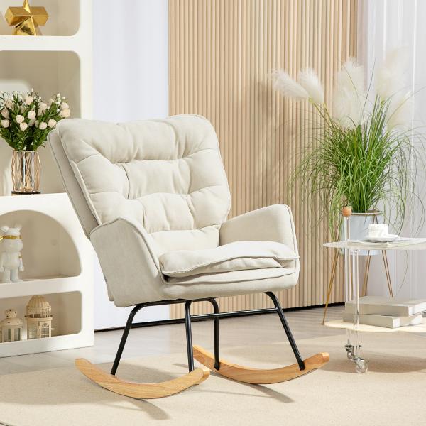 Poltrona Baloiço Estofada em Chenilla com Pés de Madeira de Faia e Apoio para os Braços para Lactância 71x98,5x97 cm Bege
