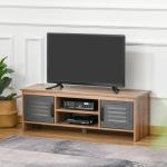 Armário de TV para televisores de 42"com 2 compartimentos fechados com portas de metal e 2 estantes 109x35x38 cm Madeira natural e cinza