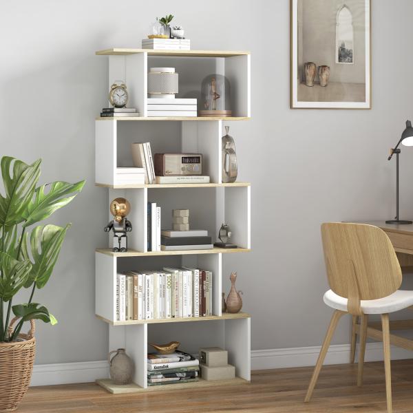 Estante para Livros Estilo Nórdico Estante com 5 Prateleiras Anti - Tombo Carga 25 kg 70x29,5x163 cm Branco e Madeira